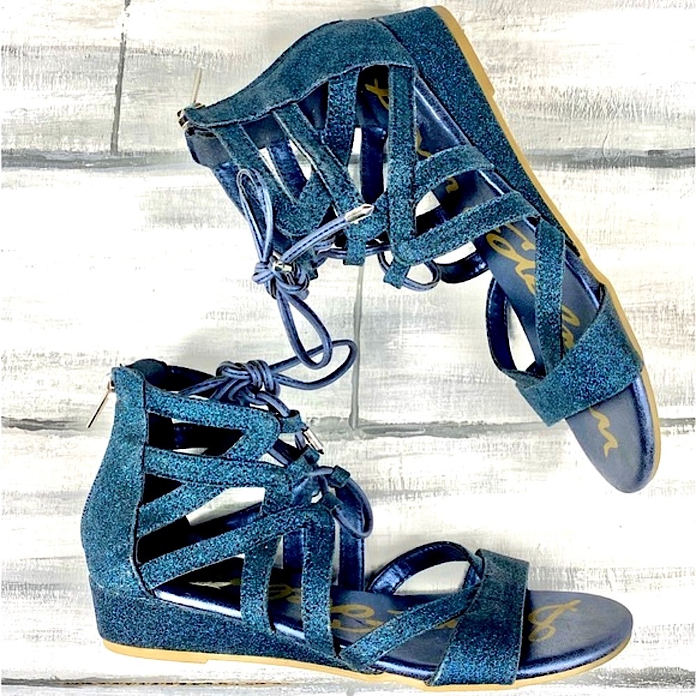 Sam Edelman Blue Glitter Gladiator Sandal Lace Up Caged “Danica Lara” Sandals 7M